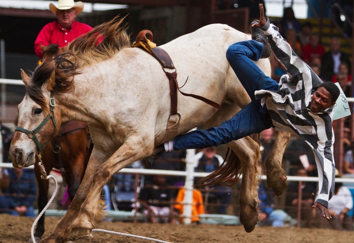 An inmate falls off a horse during the Angola Rodeo.