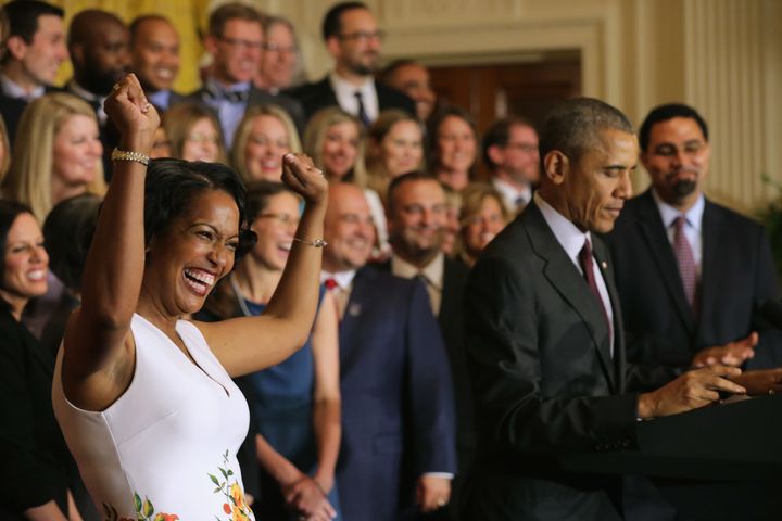 Jahana Hayes, 2016 National Teacher of the Year, reacts to President Barack Obama's remarks at the White House on May 3.