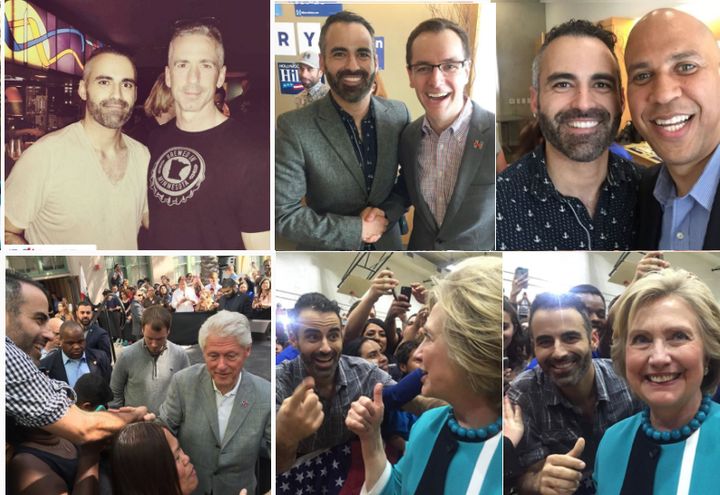 Clockwise: Famed columnist Dan Savage was our first media shout-out, Hillary for America’s campaign manager Robby Mook, Senator Cory Booker of New Jersey, standing on stage with former president Bill Clinton at campaign event, and having a chat with the lady herself, Hillary Clinton.