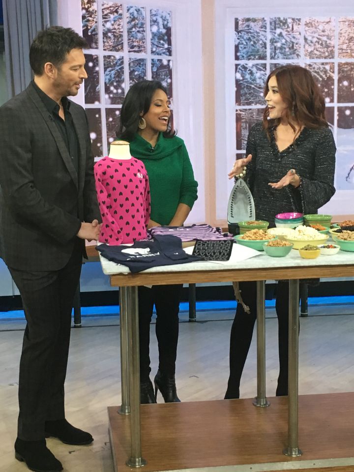 Demoing iron-on letters onto pajamas with Today show guest host Harry Connick Jr. and co-host Sheinelle Jones.