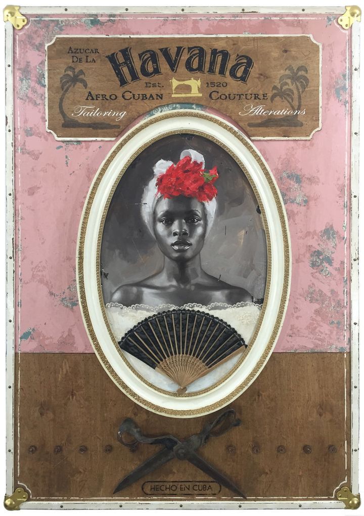 Azucar De La Havana/ oil on wood panel, gold leaf lettering, brass hardware, vintage shears, mixed media/ 39 x 56 x 4 inches/ 2016/ Visit Artsy Page for Chevere