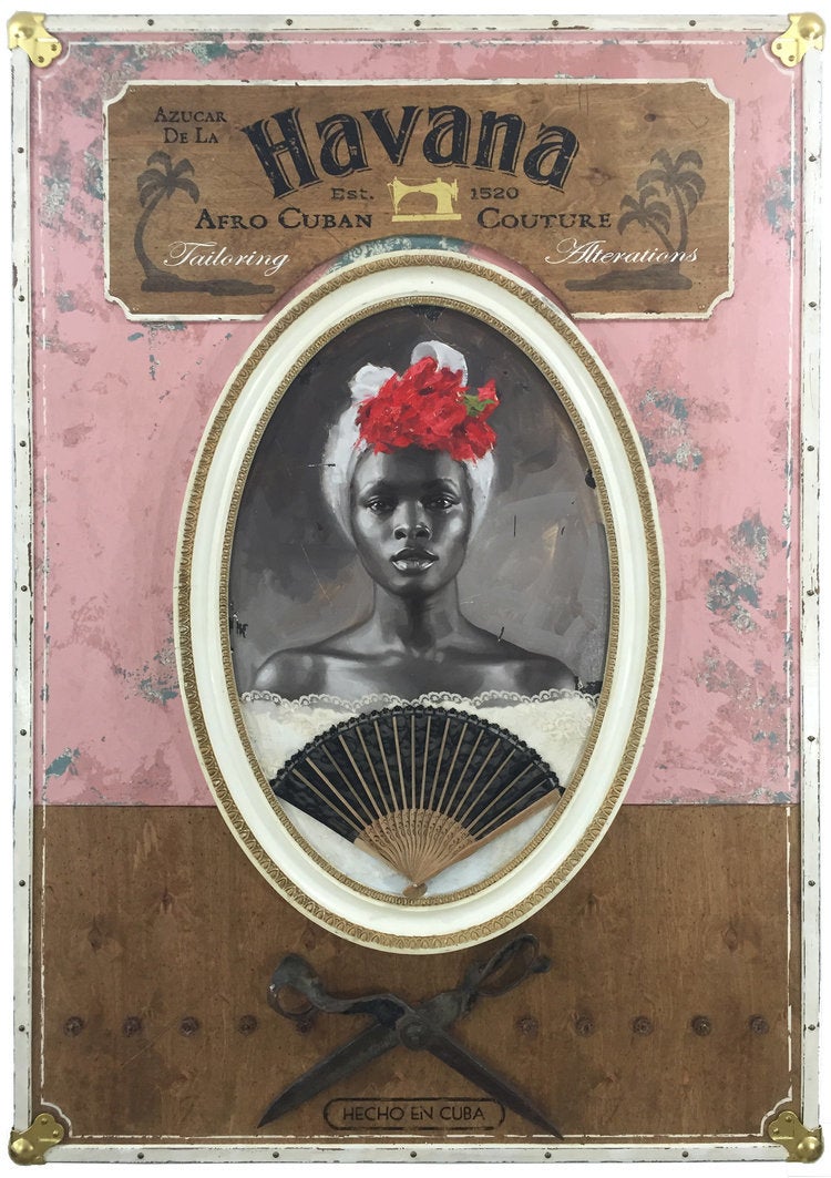 Azucar De La Havana/ oil on wood panel, gold leaf lettering, brass hardware, vintage shears, mixed media/ 39 x 56 x 4 inches/