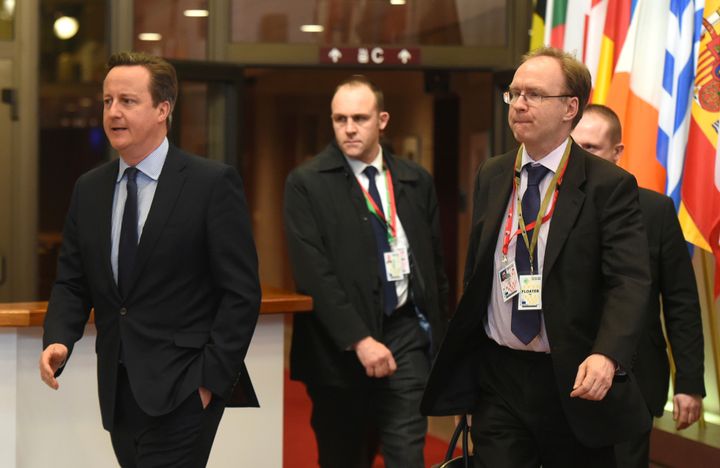 David Cameron and Sir Ivan Rogers after an EU summit in Brussels Feb. 19, 2016.
