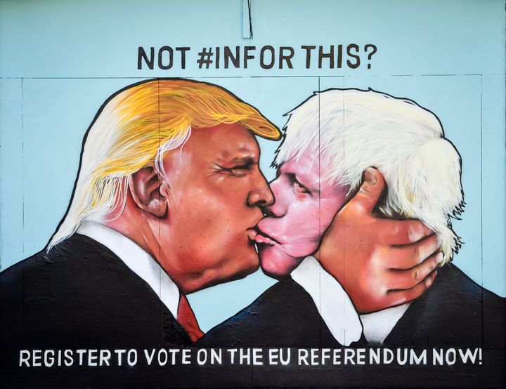 A graffiti mural of Donald Trump and Boris Johnson kissing, sprayed on a disused building in the Stokes Croft area of Bristol last year.