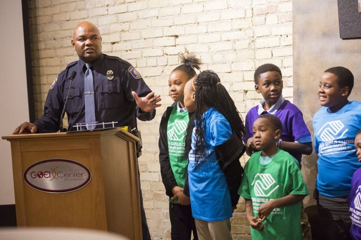 Officer Michael Harris addresses the audience at a ceremony for his 2016 Maytag Dependable Leader Award at the Goei Center in Grand Rapids on Wednesday, Nov. 30, 2016. Officer Harris is receiving a $20,000 grant for his work with the Boys & Girls Club Grand Rapids Youth Commonwealth. (Allison Farrand | MLive.com)