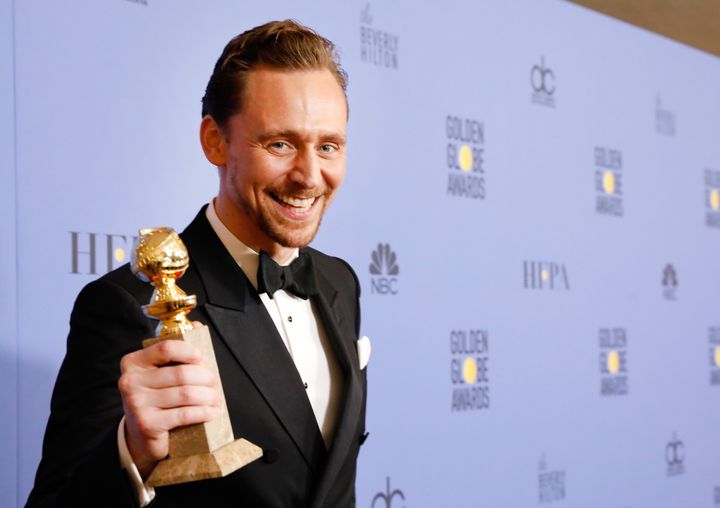 Tom Hiddleston with his gong for 'The Night Manager'