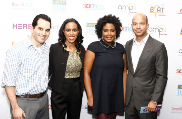 <p>(L to R) Aron Flasher, Manager, Corporate Partnerships for Safe Horizon; Reneé Jackson, Co-Creator & Co-EP Give Back & Get Down; Tara Shaw, Co-Creator & Co-EP Give Back & Get Down; Scott Mills, EVP and Chief Administrative Officer for Viacom</p>