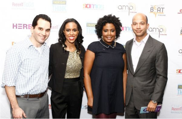 (L to R) Aron Flasher, Manager, Corporate Partnerships for Safe Horizon; Reneé Jackson, Co-Creator & Co-EP Give Back & Get Down; Tara Shaw, Co-Creator & Co-EP Give Back & Get Down; Scott Mills, EVP and Chief Administrative Officer for Viacom