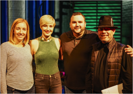 <p>(L to R) Darcy Leavy, Coordinator Production Ops; Maggie Rose; Mike Gill, Coordinator Music & Media Licensing; John Miller-Monzon, Director News & Documentaries</p>