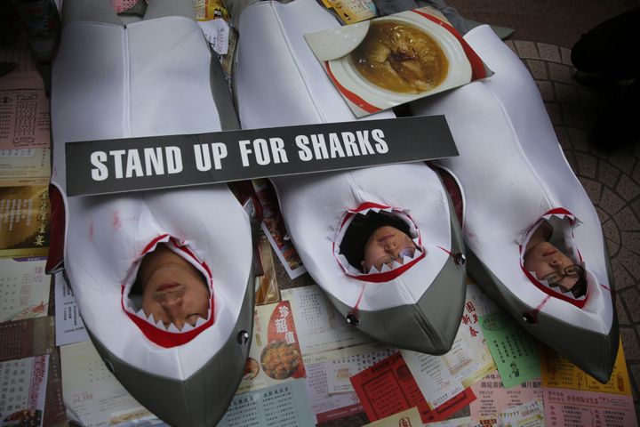 Activists dressed in bloodied shark suits lie on menus from Hong Kong restaurants that serve shark fin during a protest in Causeway Bay, Hong Kong, Jan. 30, 2016.