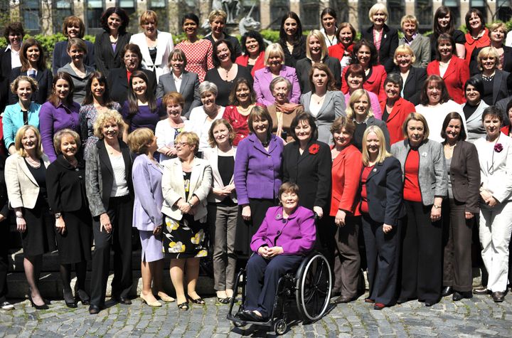 Most of the Labour Party's female MPs, including Harriet Harman (centre) gather on the steps to New Palace Yard outside the House of Commons after the 2015 General Election.
