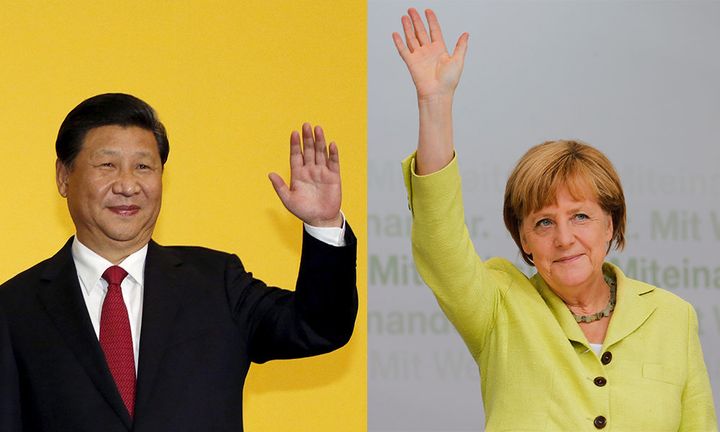Chinese President Xi Jinping, L. German Chancellor Angela Merkel, R.