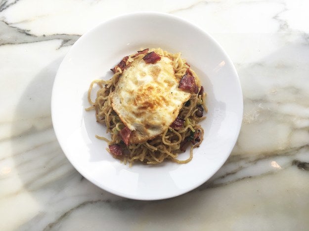 <p>The least-sad desk lunch I've ever made: bacon-ginger-scallion ramen.</p>