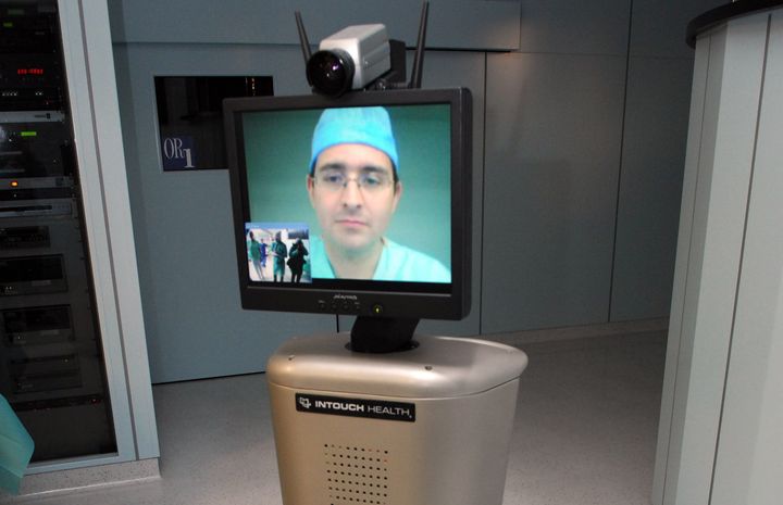 A remote surgeon on an InTouch robot at the European Institute of TeleSurgery. Strasbourg, France. Jan. 12, 2009.