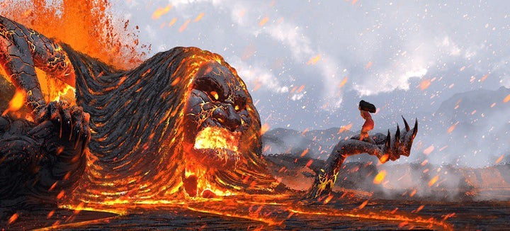 Moana standing strong and connected with the lava monster at the end of the movie.