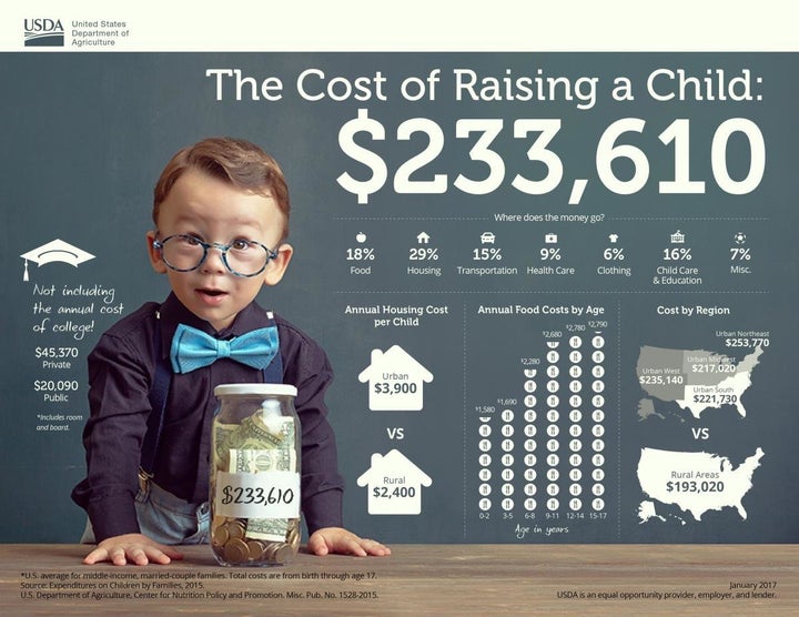 This infographic from the USDA outlines the cost of raising a child in the United States from birth to age 17.