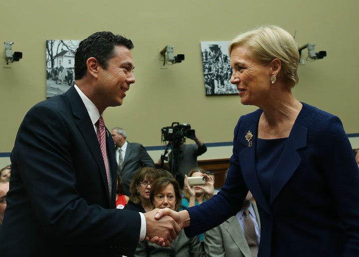 Rep. Jason Chaffetz and Planned Parenthood president Cecile Richards shake hands during Richards' September 2015 testimony. 