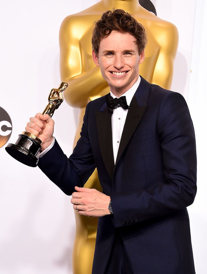 Eddie Redmayne poses in the press room during the 87th Annual Academy Awards in Los Angeles, Feb. 22, 2015.