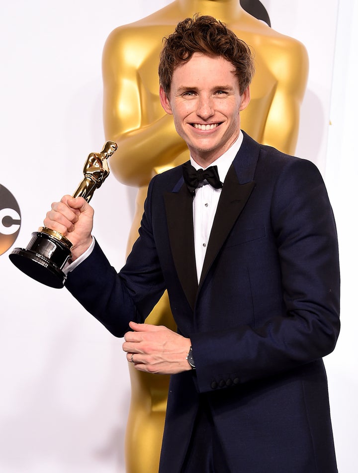 Eddie Redmayne poses in the press room during the 87th Annual Academy Awards in Los Angeles, Feb. 22, 2015.