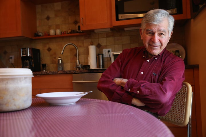 Former Massachusetts governor Michael Dukakis is pictured in the kitchen of his home in Brookline, MA. 