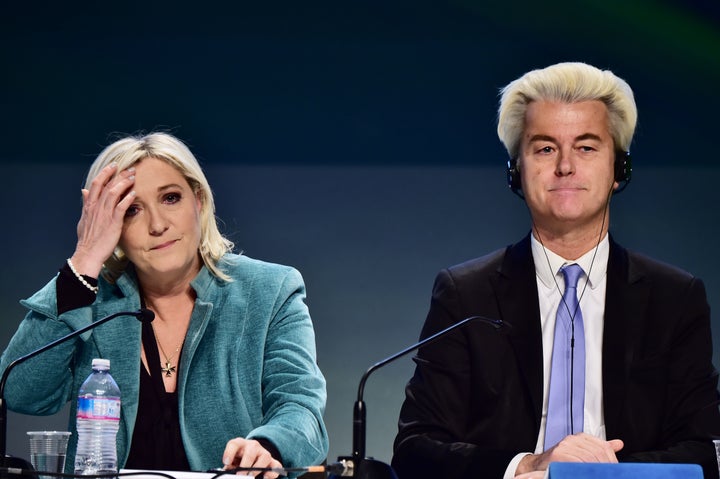 French far-right Front National (FN) party president Marine Le Pen and Dutch far-right Freedom Party leader Geert Wilders.