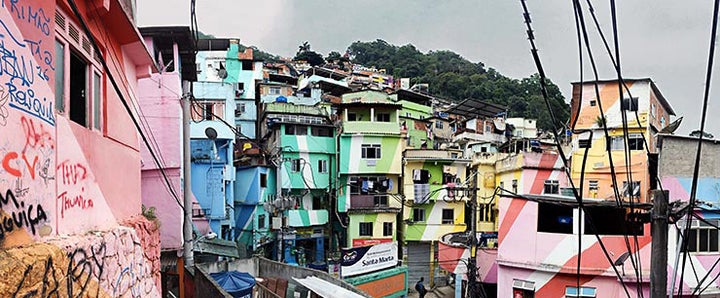 <p>Painted houses by Dutch artists Haas and Hahn in Santa Marta Favela. Rio De Janeiro, Brazil. </p>