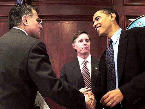 Gery Chico, Dan Hynes and Barack Obama following a candidate debate forum at the City Club of Chicago in the 2004 U.S. Senate