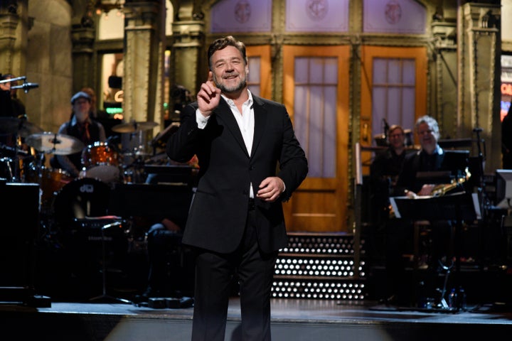 Russel Crowe during his monologue as the host of "Saturday Night Live" on April 9, 2016.