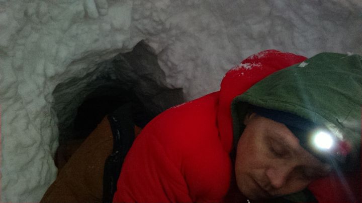 Asleep in the snow cave.