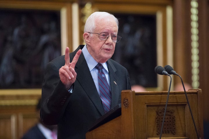 Former President Jimmy Carter delivers a lecture on the eradication of the Guinea worm at the House of Lords on Feb. 3. 