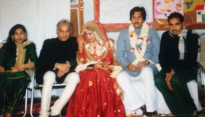 <p>Bakshi Bhai (extreme right) with my father and I at my sister’s wedding</p>
