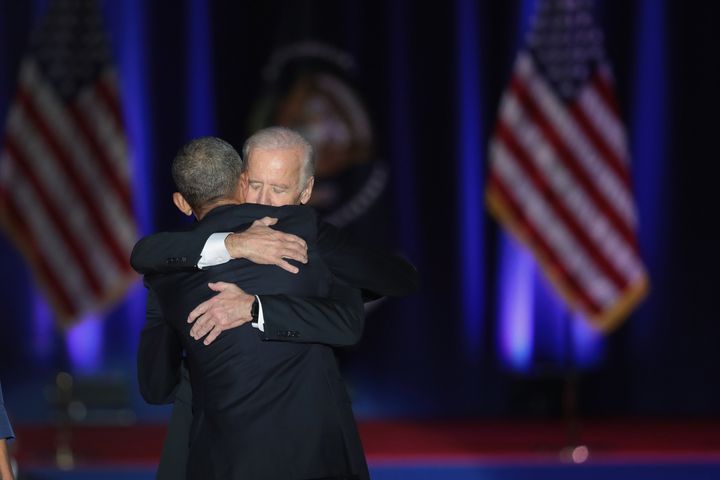 The pair embrace after Obama's speech