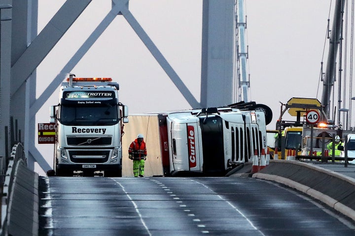 The lorry overturned as gusts reached 75mph 