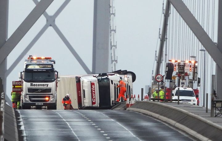 An overturned lorry on the Forth Road Bridge near Edinburgh