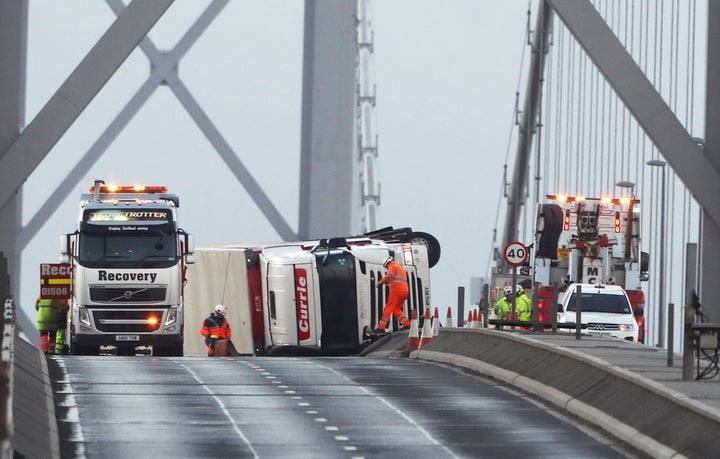 <strong>An overturned lorry on the Forth Road Bridge near Edinburgh</strong>