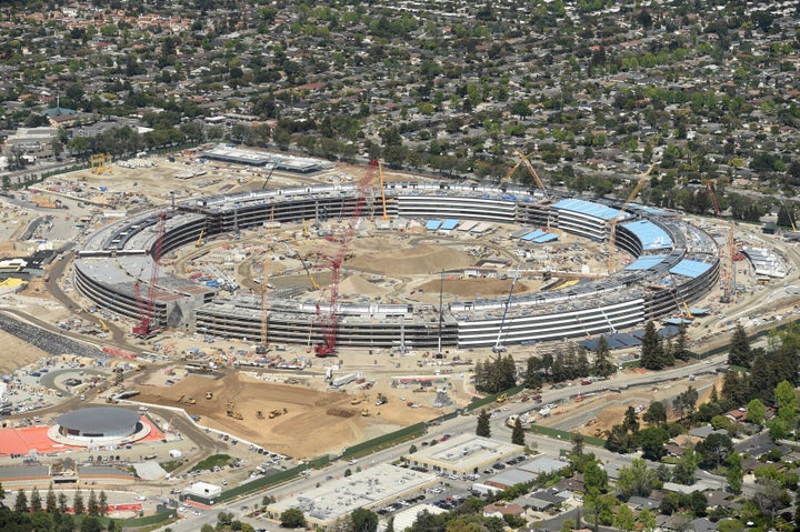 The Apple Campus 2 is seen under construction in Cupertino, California. The campus is set to be powered by renewable energy sources.