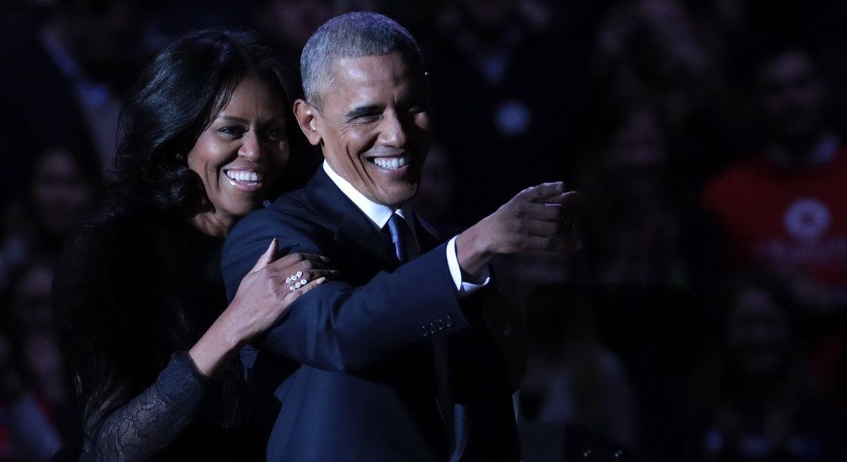 President Barack Obama and first lady Michelle Obama on stage after the president delivered his farewell address in Chicago.