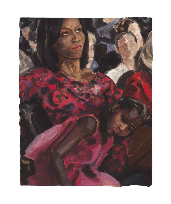 Elizabeth Peyton, Michelle and Sasha Obama Listening to Barack Obama at the Democratic National Convention August 2008, 2008 Oil on board