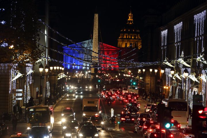 Lights along Rue Royale in Paris pay tribute to the victims of the terrorist attacks.