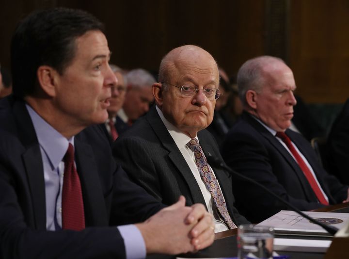 FBI Director James Comey, Director of National Intelligence James Clapper and Central Intelligence Agency Director John Brennan (L-R) testify before the Senate (Select) Intelligence Committee on January 10, 2017.