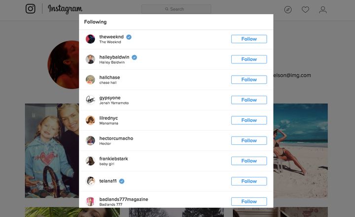 Screenshot of Bella Hadid's Instagram showing she still follows The Weeknd.