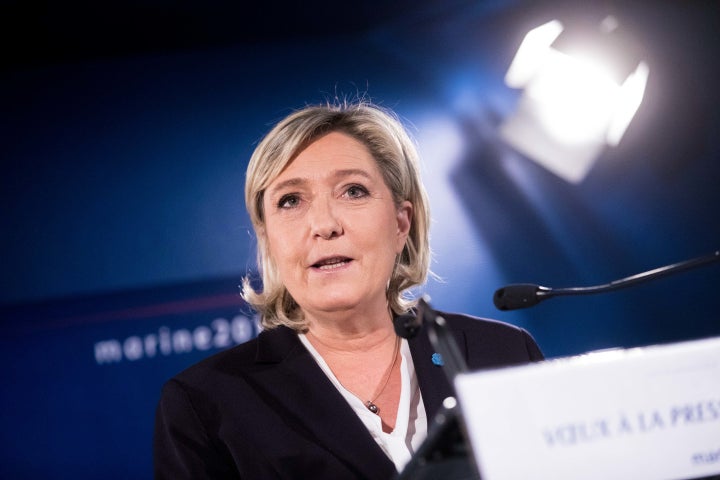 Marine Le Pen speaks to the press at her campaign presidential headquarters in Paris, Jan. 4, 2017.