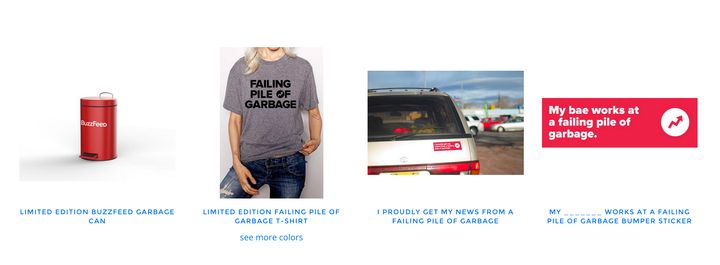 BuzzFeed's "Failing Pile of Garbage" merchandise.