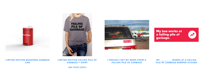 BuzzFeed's "Failing Pile of Garbage" merchandise.