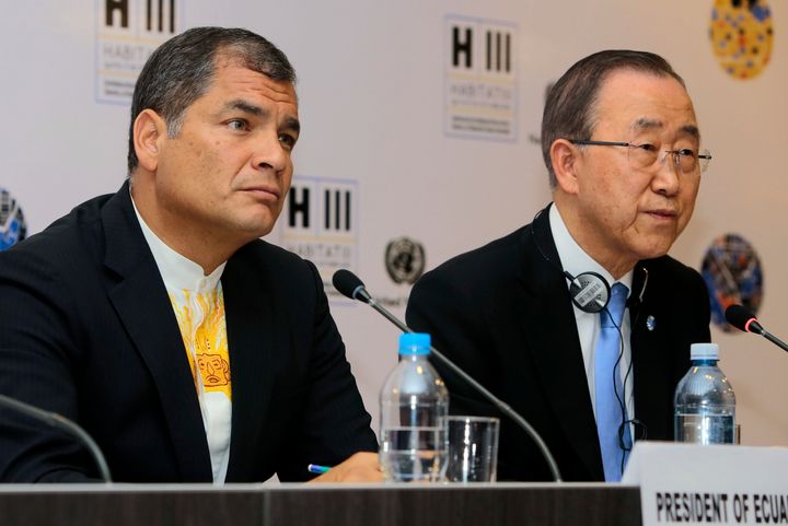 Ecuador's President Rafael Correa (left) and U.N. Secretary-General Ban Ki-moon hold a press conference in October 2016. Ecuador is assuming leadership of the U.N.'s G-77 bloc.