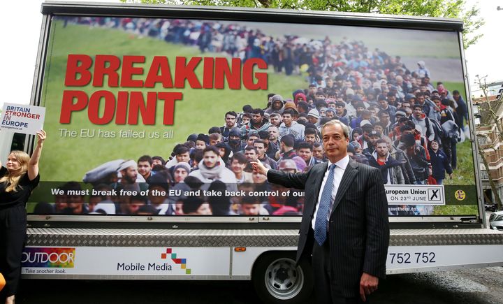 Nigel Farage launches a referendum poster campaign in Smith Square, London.