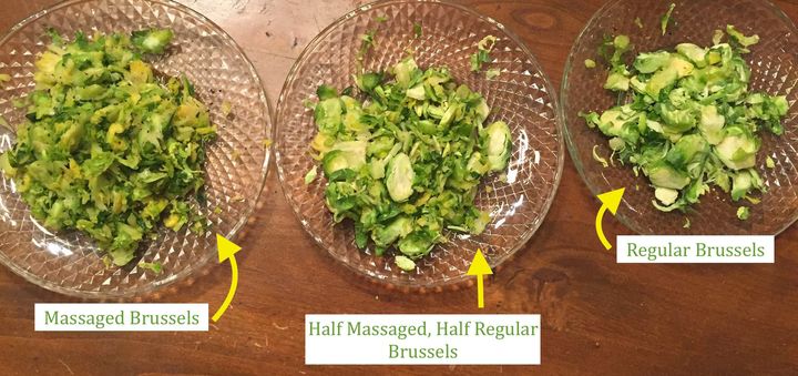 The massaged sprouts looked slimier than the other two salads, and the regular Brussels looked pale and raw. The half-and-half mixture had the best aesthetic.
