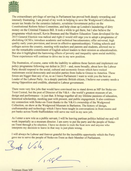 Tristram Hunt's resignation letter