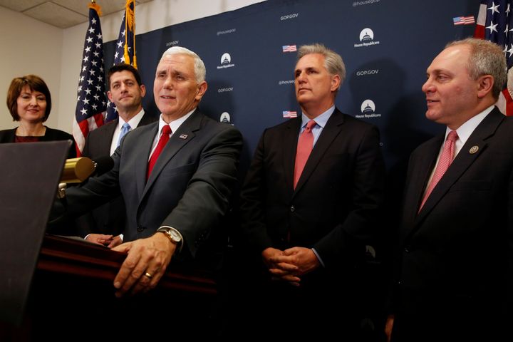U.S. Vice President-elect Mike Pence joins House Republicans to speak to reporters after meeting with the Republican House caucus January 4, 2017.