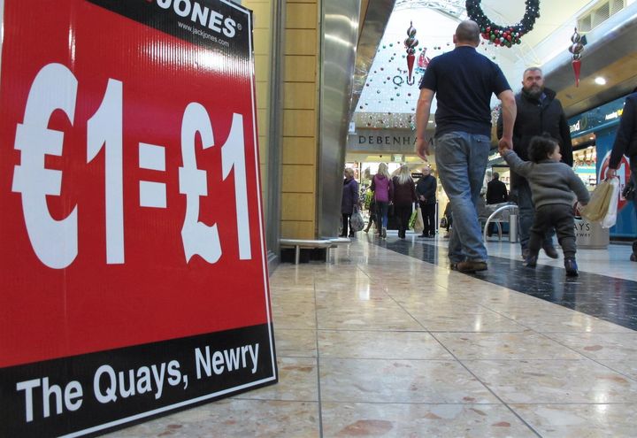 December 19, 2016: A store in Newry, Northern Ireland, near the border with the Republic, offers equal value to euros for goods priced in pounds, after the pound fell in value after the Brexit vote